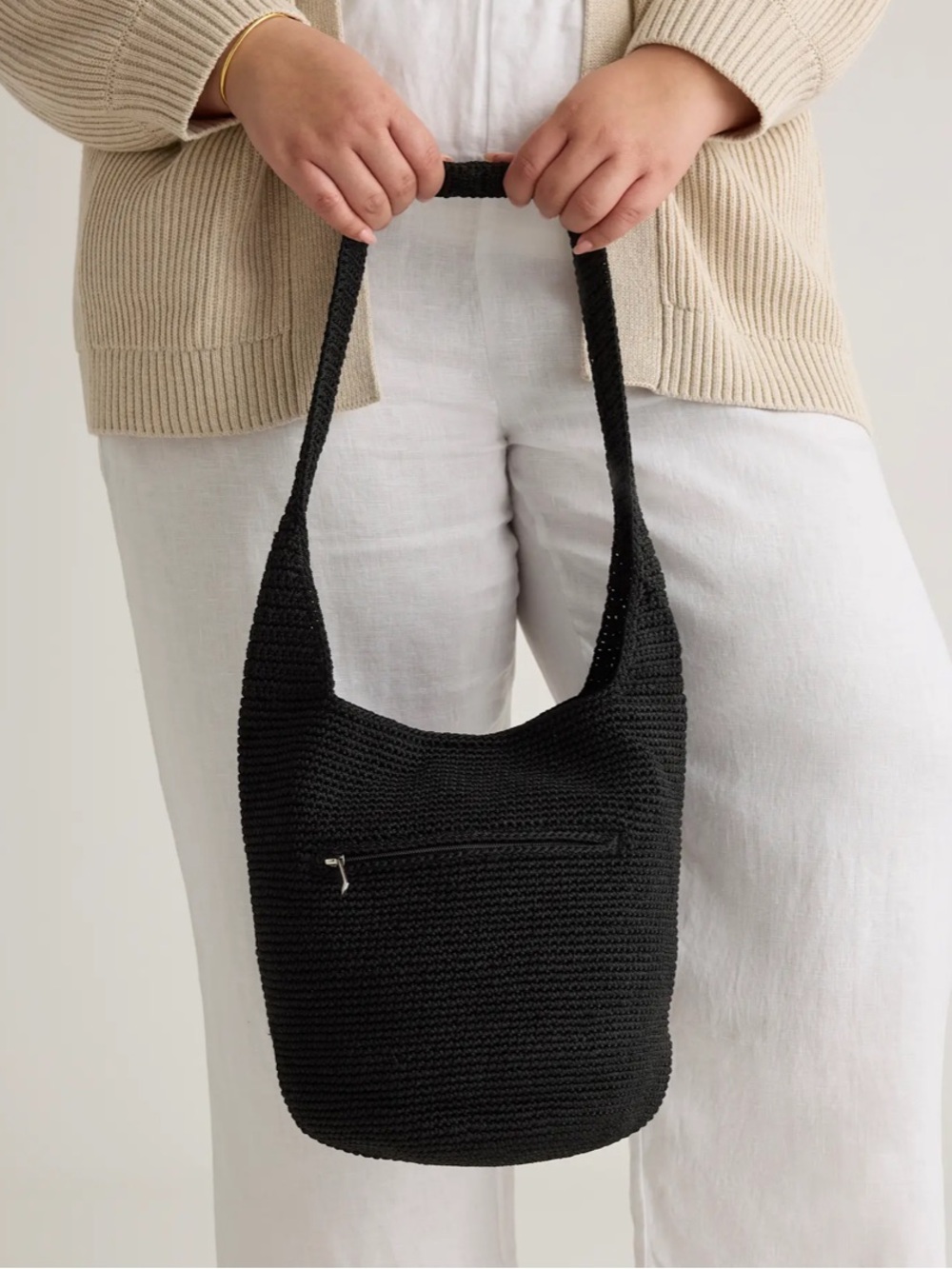 Quince Black Hand-Crochet Hobo Shoulder Bag